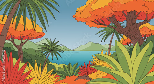 Vibrant tropical landscape with lush exotic plants and calm blue water under an autumn sky