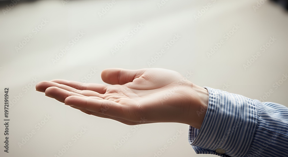 Naklejka premium A persons hand with palm up and fingers together in a gesture