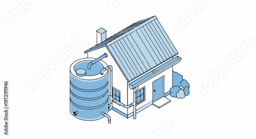 Isometric Illustration of a Rainwater Harvesting System for a Sustainable House Featuring a Large Storage Tank and Roof Gutter Collection