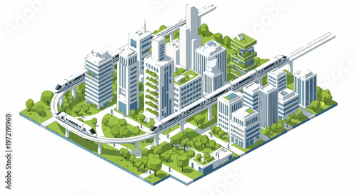Isometric Smart City Illustration with Sustainable Green Architecture, Eco-Friendly Skyscrapers, and Futuristic High-Speed Train Transport System