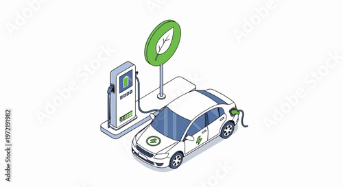 Electric Vehicle Charging Station Isometric Illustration, Green Energy EV Car with Leaf Symbol, Sustainable Transportation Concept