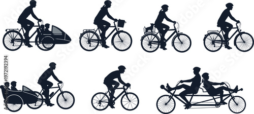 Cycling Silhouette Icon Set Featuring Bicycles, Tandem Bikes, Cargo Bikes, and Riders in Motion for Fitness, Transport, and Urban Lifestyle Design