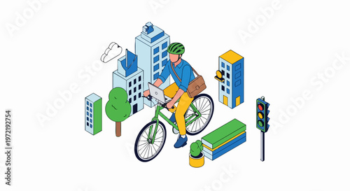 Isometric Illustration of a Digital Nomad Working on a Laptop While Cycling Through a Modern Smart City, Eco-Friendly Sustainable Urban Commuting and Technology Concept
