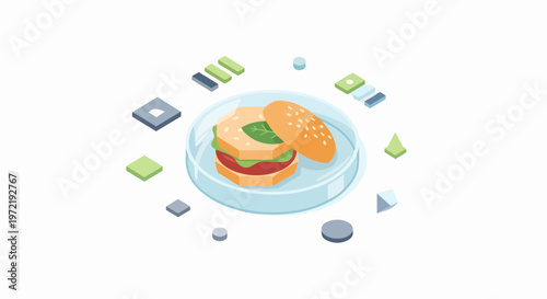 Isometric Illustration of Lab-Grown Cultured Meat Burger in Petri Dish for Future Food Technology and Biotechnology Concepts