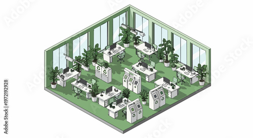 Isometric Eco-Friendly Sustainable Green Office Interior with Indoor Plants and Recycling Bins