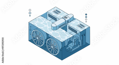 Isometric Illustration of an Underwater Data Center with Hydro Cooling System for Sustainable Computing and Deep Sea Technology
