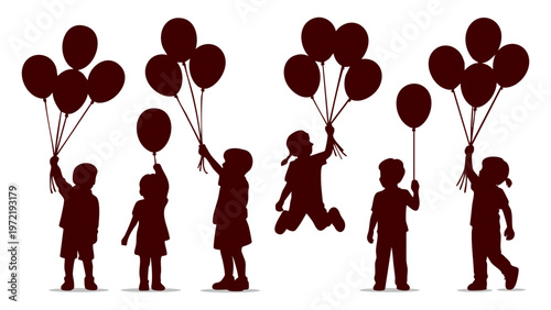 Silhouettes of happy children holding balloons, Kids playing with balloons vector illustration, Group of children silhouettes with party balloons, Playful childhood concept with kids and balloons