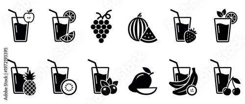 Fruit juice icons, fresh fruit drinks, and healthy beverage symbols collection for various design projects and web elements.