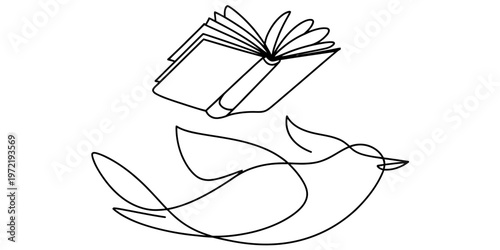 A minimalist single line drawing of an open book hovering above a graceful soaring bird figure Vector, illustration