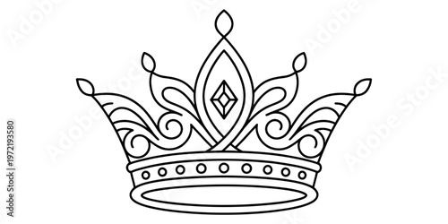 A detailed black and white line art drawing of a classic royal crown suitable for coloring page Vector, illustration