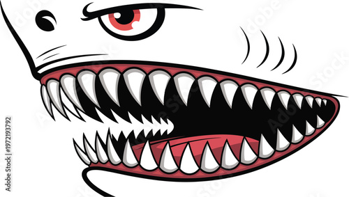 Vector illustration of a vampire woman face with a black silhouette design featuring a beauty makeup smile and sharp teeth icon