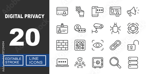 Digital Privacy icon set. Includes secure password, identity protection, surveillance camera, data encryption, firewall security. Editable stroke line icons.