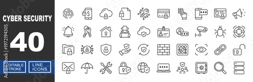 Cyber Security and Advanced Network Protection. Includes Biometric Eye Scan, Firewall Wall, CCTV Surveillance, Security Bug Analysis, Encrypted Data Folder. Editable stroke line icons.