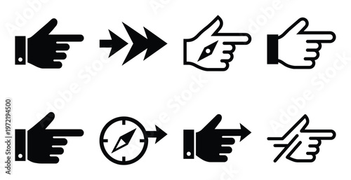 Hand pointing and arrow icons set for direction guidance and navigation in digital interfaces