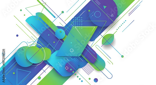 Abstract geometric composition featuring overlapping shapes and lines in blue and green gradient on a white background for modern design projects