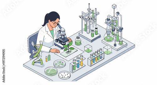 Female Scientist Conducting Plant Biology Research in Laboratory with Microscope Isometric Illustration