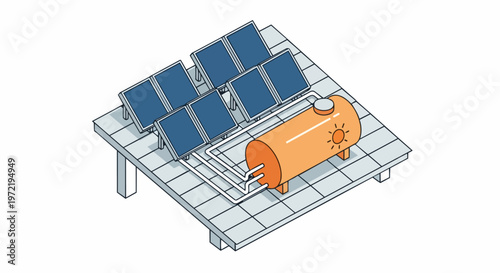Solar Thermal Energy System Isometric Illustration with Solar Panels and Water Storage Tank for Renewable Energy Concept