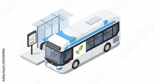 Isometric Electric City Bus at Modern Bus Stop with Eco-Friendly Logo