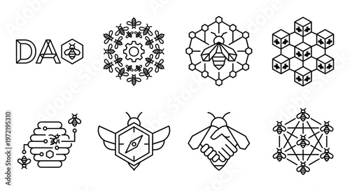 Set of 8 line icons representing decentralized autonomous organization and bee theme