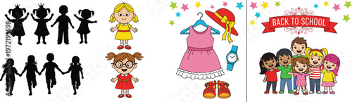 Back to school children collection with kids silhouettes, cute girls characters, school clothes outfit and happy students banner illustration set