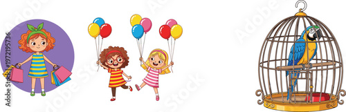 Cute cartoon girls shopping with colorful bags and balloons alongside parrot bird in vintage cage illustration set isolated on light background