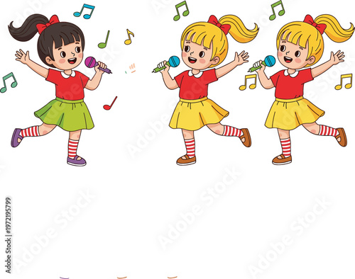 Cute cartoon girls singing with microphones and musical notes illustration representing kids music performance, talent show, karaoke and joyful childhood entertainment