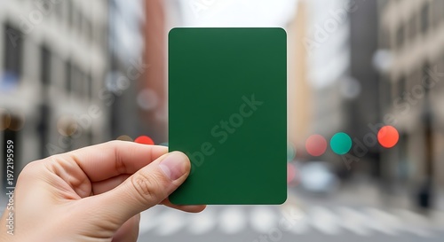 A person's hand holds a blank green rectangular card against a blurred city street background with buildings and traffic lights.