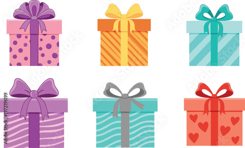 Colorful Gift Box Collection Featuring Various Patterns and Ribbons for Celebration and Holiday Illustrations