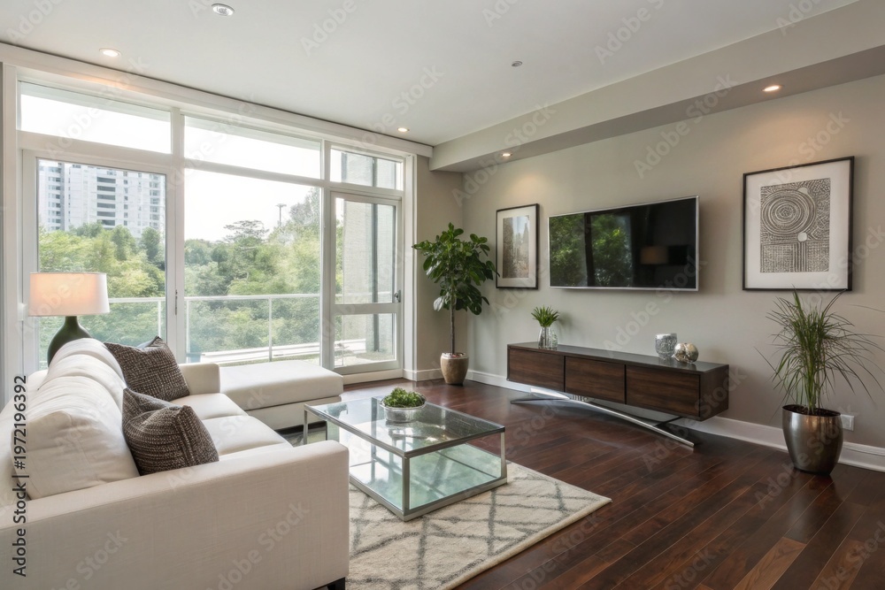 Fototapeta premium Bright, minimalist living room featuring white sofa, glass coffee table, wall-mounted TV, and indoor plants, with large windows letting in natural light