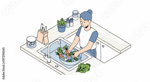 Woman Washing Fresh Organic Vegetables in Kitchen Sink, Isometric Vector Illustration of Healthy Food Preparation and Hygiene