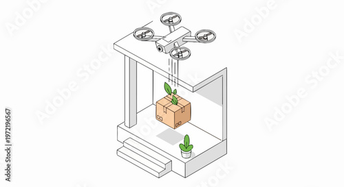 Isometric Illustration of a Sustainable Delivery Drone Dropping an Eco-Friendly Package on a Porch - Future of Green Logistics