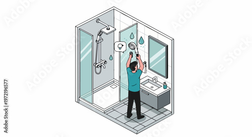 Isometric Illustration of Man Repairing Shower Head in Modern Bathroom