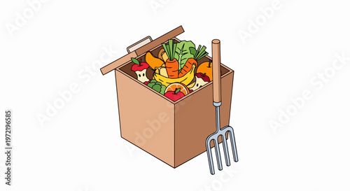 Compost Bin Illustration with Organic Food Scraps and Garden Fork, Zero Waste Sustainability and Eco-Friendly Recycling Concept, Isolated on White