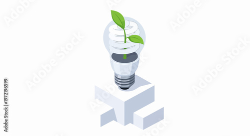 Isometric Green Energy Concept: Spiral Light Bulb with Growing Plant Leaves for Sustainable Innovation