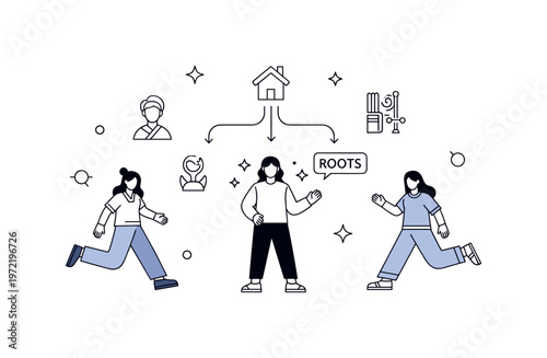 Cultural connection abroad. One central figure stands surrounded by subtle icons representing different cultures, with lines linking them back to a home