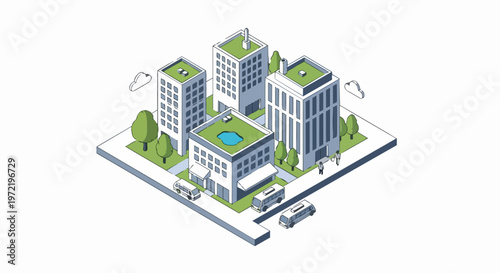 Isometric Sustainable City Block Illustration with Green Roofs, Public Transport, and Urban Trees; Modern Eco-Friendly Architecture and Smart City Infrastructure Concept.