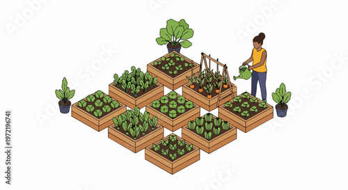 Isometric Vector Illustration of a Woman Watering Organic Vegetables in a Raised Bed Home Garden, Sustainable Urban Farming Concept