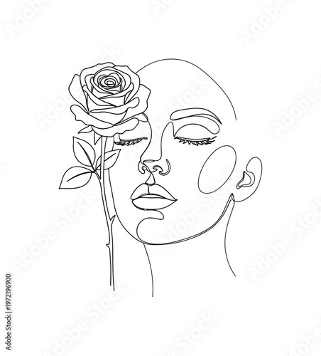 "Romantic portrait". Minimalistic one-line drawing serene woman face with closed eyes and a rose delicately placed near her face, continuous single black line