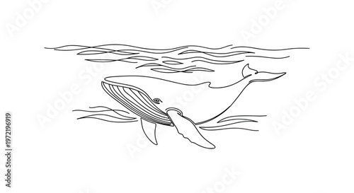 "Whale swimming deep". Minimalistic one-line drawing whale gliding through deep water with smooth body curve and subtle wave lines suggesting depth, continuous