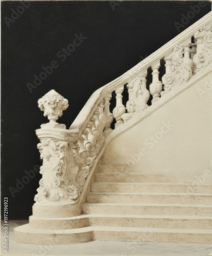 Ornate stone staircase with carved balustrade and decorative newel post, vintage architectural detail for interior design editorial, luxury real estate marketing, and website banner backgrounds