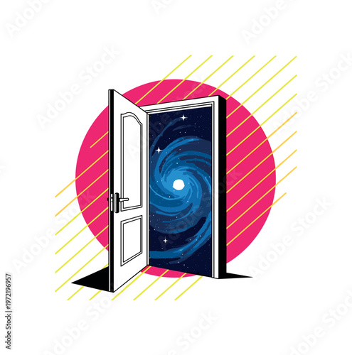 open doorway transforming into a universe portal, large pink circle and diagonal grid lines in background, symbolic conceptual composition, high contrast black
