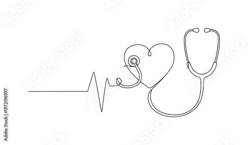 "Cardiac Care Symbol". Minimalistic one-line drawing a stylized heart connected with stethoscope ends suggesting monitoring and care, continuous single black