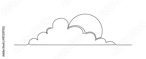 Sunny Sky. Minimalistic one-line drawing a sun partially covered by soft clouds, continuous single black line on white background, simple outline style, no