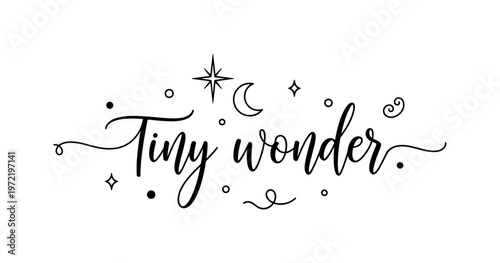 Tiny Wonder. lettering and all elements in black. Vector style. AWhite background. Pure white background. Perfect isolation and visual consistency. Elegant
