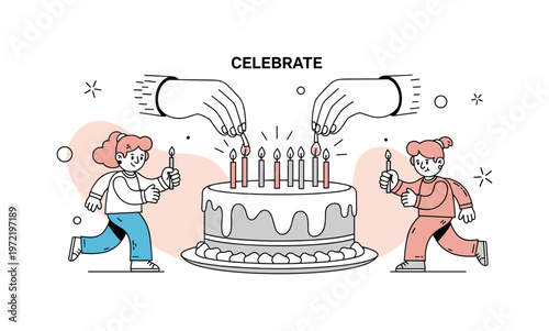 Birthday preparation. A close-up cake sits at the center while hands arrange candles evenly across the top, guided by small placement dots. A ?CELEBRATE?
