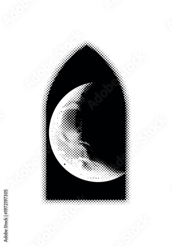 A crescent moon framed within a pointed gothic window arch, slightly off-center and partially cropped, evoking quiet night symbolism, black and white halftone
