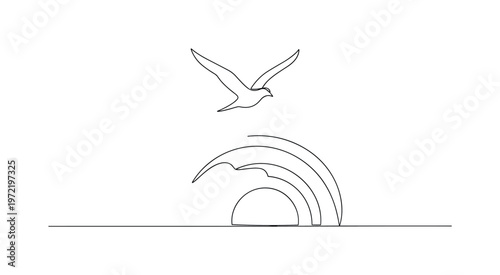 "Dawn moment". Minimalistic one-line drawing bird silhouette with sun emerging on the horizon and gentle curved lines indicating light, continuous single black