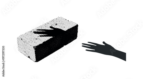 A single brick fragment with a small hand shadow falling across it, minimal and abstract, black and white halftone illustration, bold dot pattern contrast,