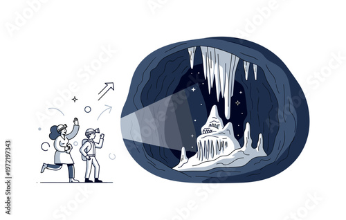 Cave exploration and underground natural beauty. A single explorer stands with a headlamp illuminating a large stalactite formation as the main