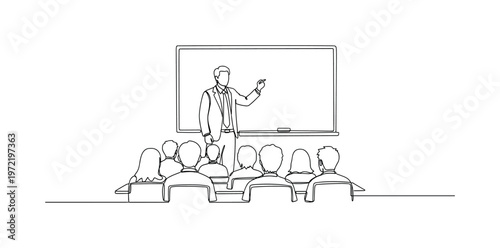"Whiteboard Teaching Scene". Minimalistic one-line drawing a teacher writing on a board with minimal classroom elements and attentive students, continuous